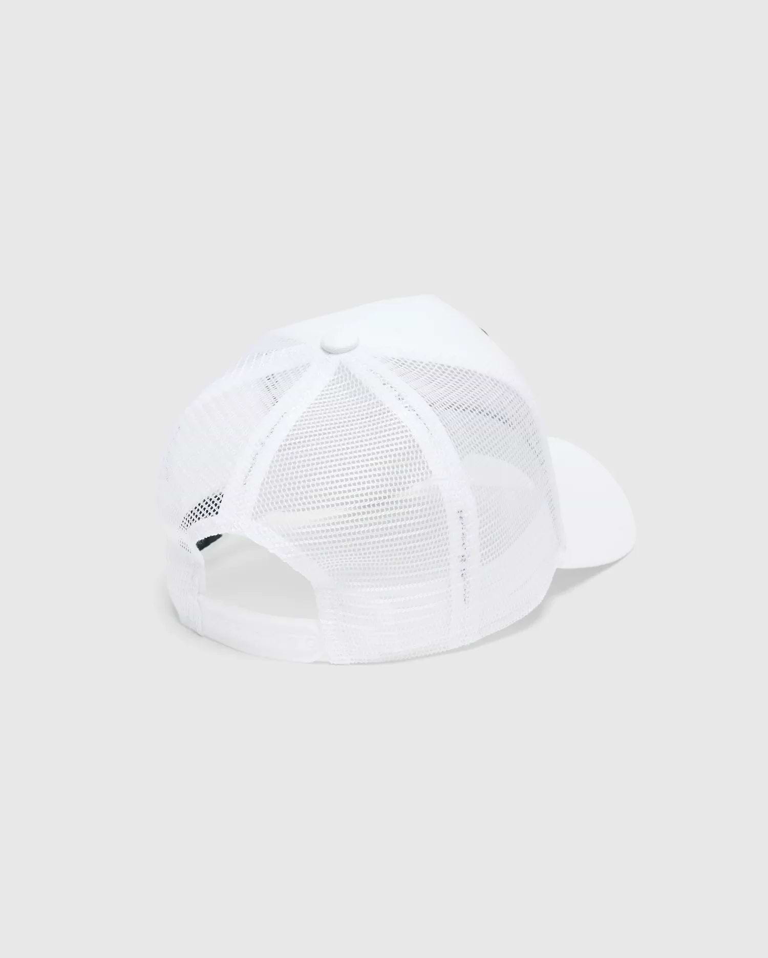 White Mens Adamo Trucker Cap featuring a breathable mesh back, a solid front panel, and an adjustable snapback closure for a classic, comfortable fit.