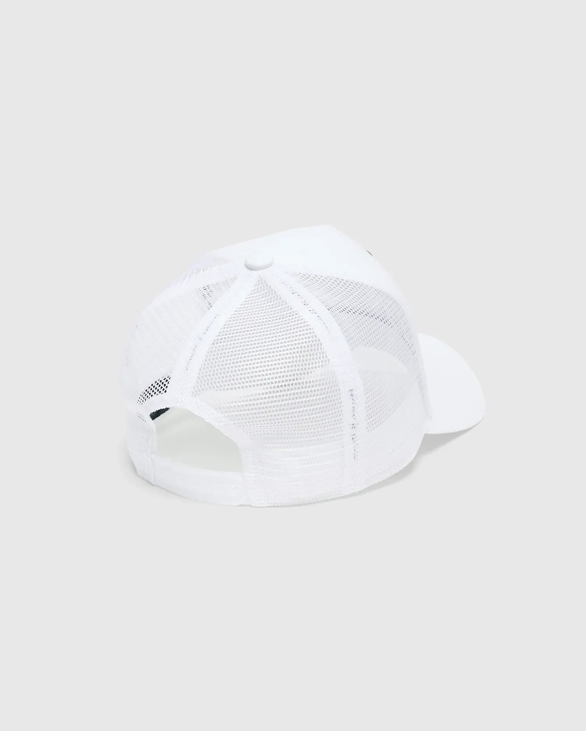 White Mens Adamo Trucker Cap featuring a breathable mesh back, a solid front panel, and an adjustable snapback closure for a classic, comfortable fit.