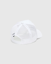 White Mens Adamo Trucker Cap featuring a breathable mesh back, a solid front panel, and an adjustable snapback closure for a classic, comfortable fit.