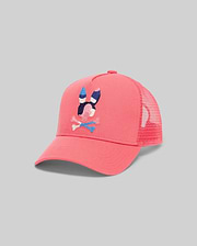 Mens Ara Trucker Cap in vibrant coral with a large, intricately embroidered Psycho Bunny skull logo in blue, white, and black on the cotton twill front panel, featuring a breathable mesh back. (2)