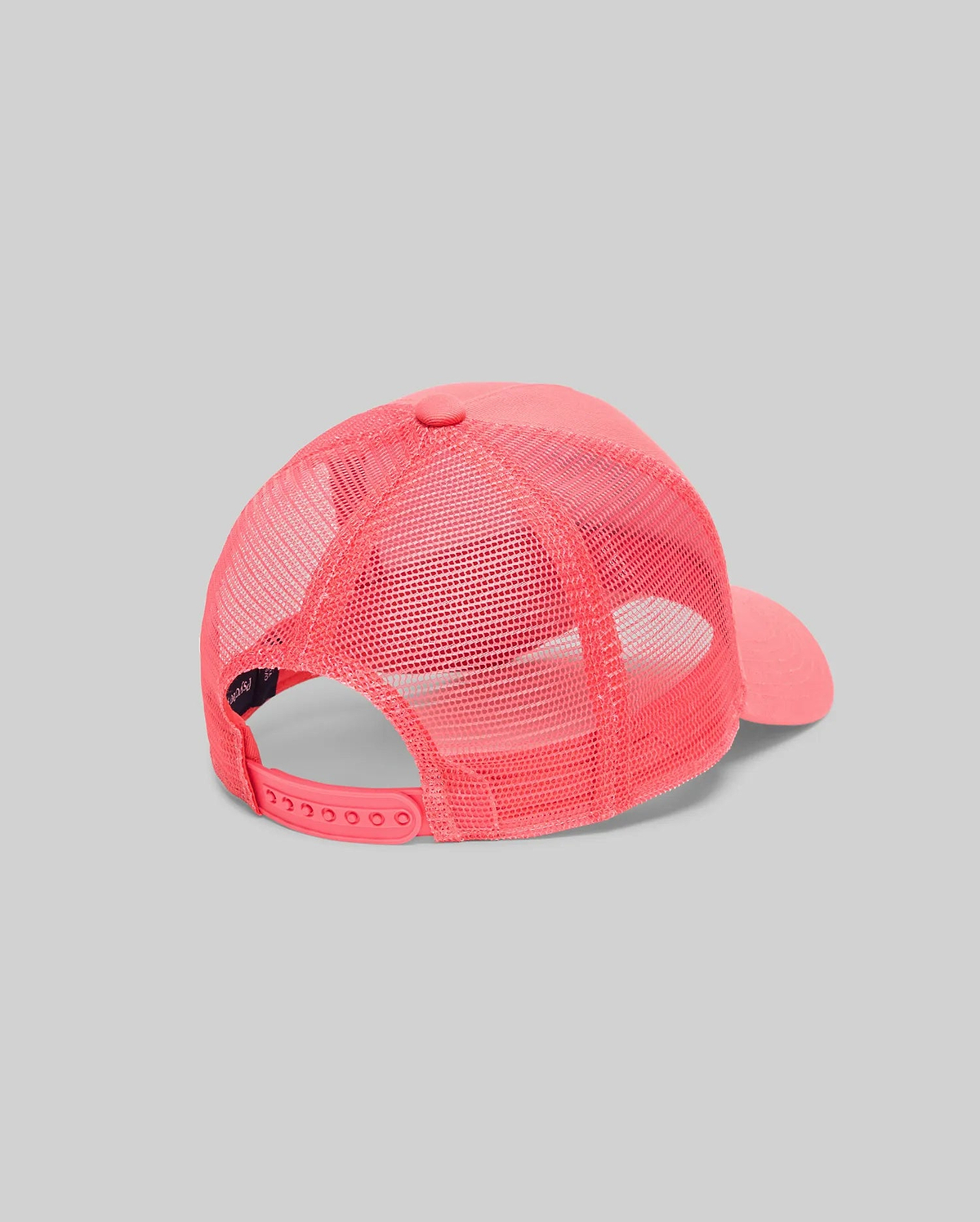 Mens Ara Trucker Cap in vibrant coral pink, featuring a solid front panel, breathable mesh back, adjustable snapback closure, and subtle Psycho Bunny branding on the inner band. (4)
