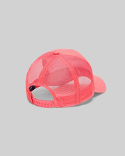 Mens Ara Trucker Cap in vibrant coral pink, featuring a solid front panel, breathable mesh back, adjustable snapback closure, and subtle Psycho Bunny branding on the inner band. (4)