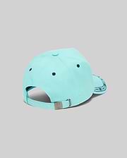 Mens Luke Trucker Cap, aqua cotton twill with navy eyelets and an embroidered pattern on the brim. Features an adjustable strap with a silver metal buckle debossed with the small Psycho Bunny skull logo. (4)