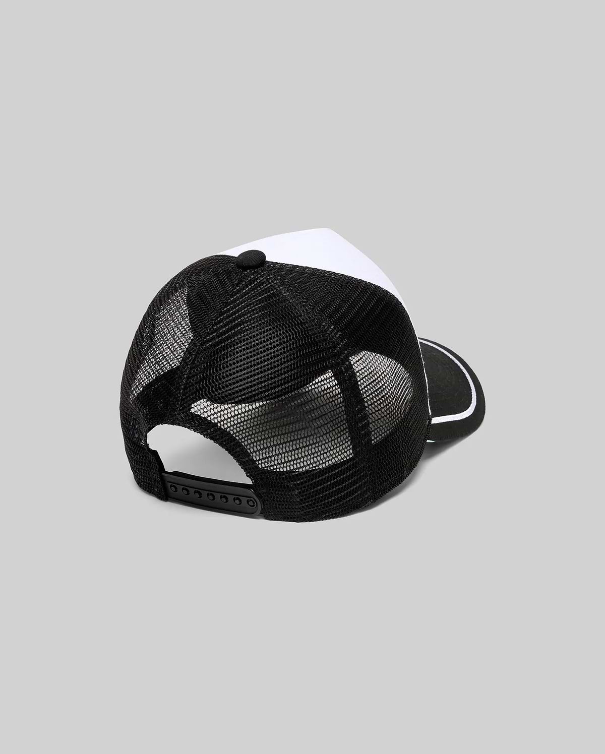 Mens Aram Trucker Cap, a classic streetwear accessory, featuring a crisp white front panel, breathable black mesh back, a black brim with sharp white piping, and an adjustable snapback for a custom fit.