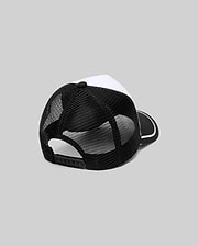 Mens Aram Trucker Cap, a classic streetwear accessory, featuring a crisp white front panel, breathable black mesh back, a black brim with sharp white piping, and an adjustable snapback for a custom fit.