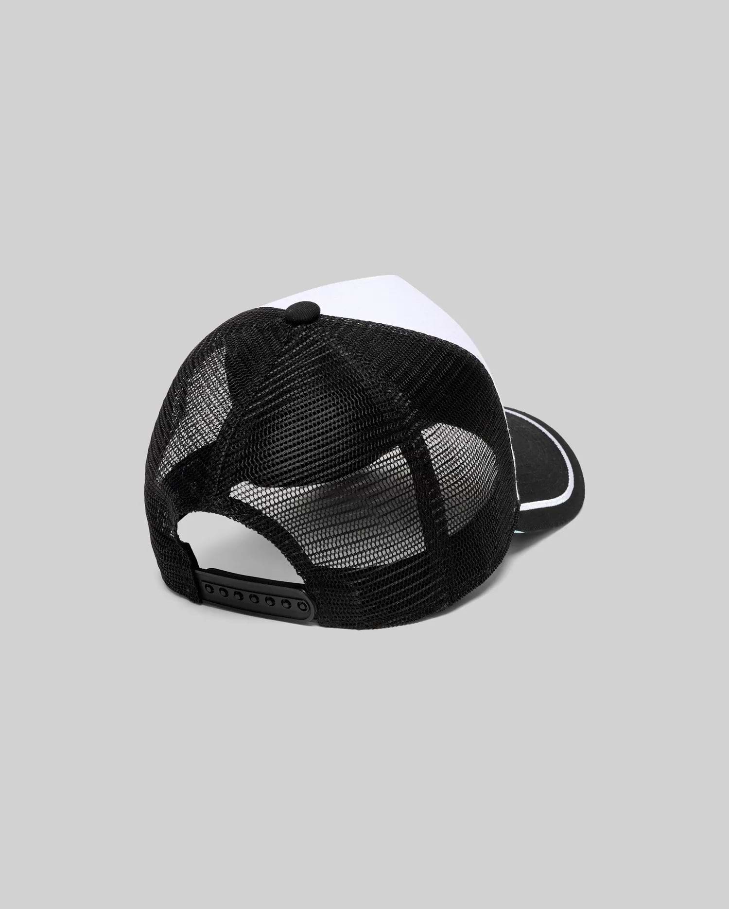 Mens Aram Trucker Cap, a classic streetwear accessory, featuring a crisp white front panel, breathable black mesh back, a black brim with sharp white piping, and an adjustable snapback for a custom fit.