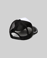 Mens Aram Trucker Cap, a classic streetwear accessory, featuring a crisp white front panel, breathable black mesh back, a black brim with sharp white piping, and an adjustable snapback for a custom fit.
