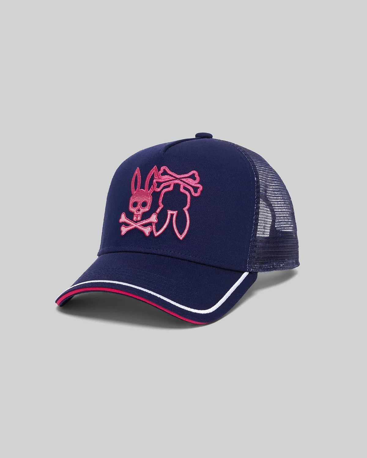 Mens Aram Trucker Cap in navy with a large hot pink embroidered Psycho Bunny skull logo on the front, mesh back, and a brim featuring hot pink and white stripes. (2)