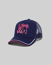 Mens Aram Trucker Cap in navy with a large hot pink embroidered Psycho Bunny skull logo on the front, mesh back, and a brim featuring hot pink and white stripes. (2)