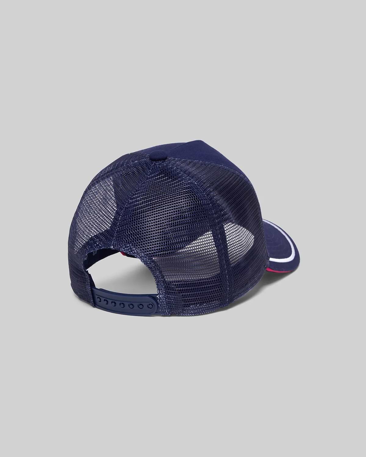 Mens Aram Trucker Cap in navy blue, featuring breathable mesh back panels, an adjustable snapback closure, and a brim with a white stripe and red underside. (4)