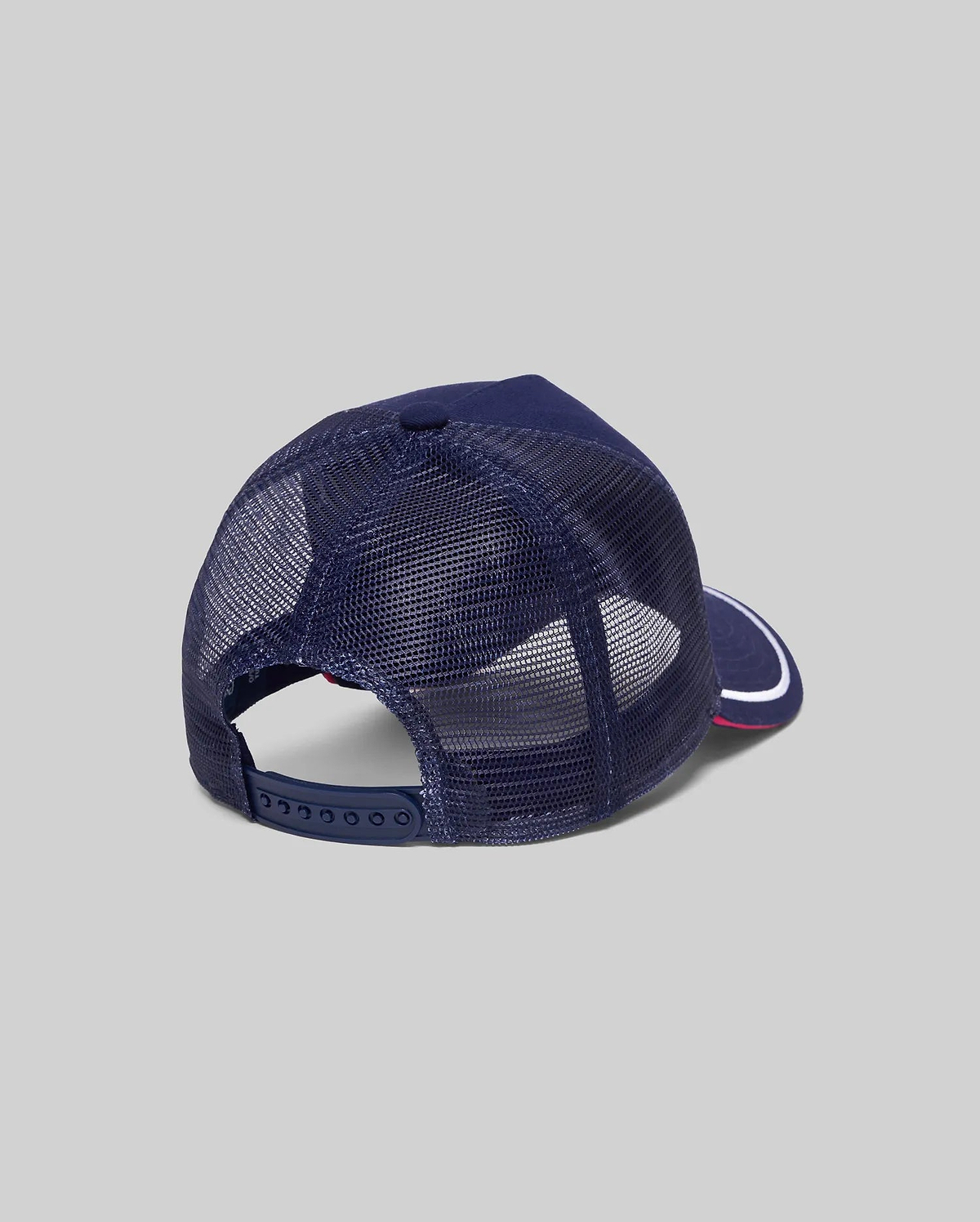 Mens Aram Trucker Cap in navy blue, featuring breathable mesh back panels, an adjustable snapback closure, and a brim with a white stripe and red underside. (4)