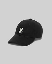Mens Jimmy Baseball Cap, a classic black cotton twill cap with a prominent white embroidered Psycho Bunny skull and crossbones logo centered on the front panel.