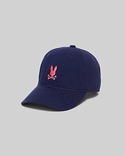 Navy Mens Jimmy Baseball Cap with a smooth cotton twill texture, featuring a prominent pink embroidered Psycho Bunny skull logo centered on the front.