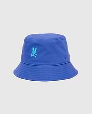 Mens Jimmy Bucket Hat in vibrant royal blue cotton twill, with visible brim stitching and a prominent embroidered turquoise Psycho Bunny skull logo on the front.