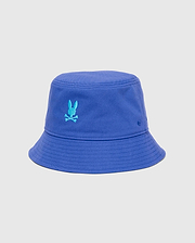 Mens Jimmy Bucket Hat in vibrant royal blue cotton twill, with visible brim stitching and a prominent embroidered turquoise Psycho Bunny skull logo on the front.