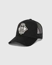 Mens Tobias Trucker Cap, black with a large, white embroidered Psycho Bunny skull logo in a diamond outline on the front, featuring breathable mesh back panels and a cotton twill front.