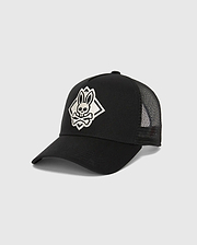 Mens Tobias Trucker Cap, black with a large, white embroidered Psycho Bunny skull logo in a diamond outline on the front, featuring breathable mesh back panels and a cotton twill front.