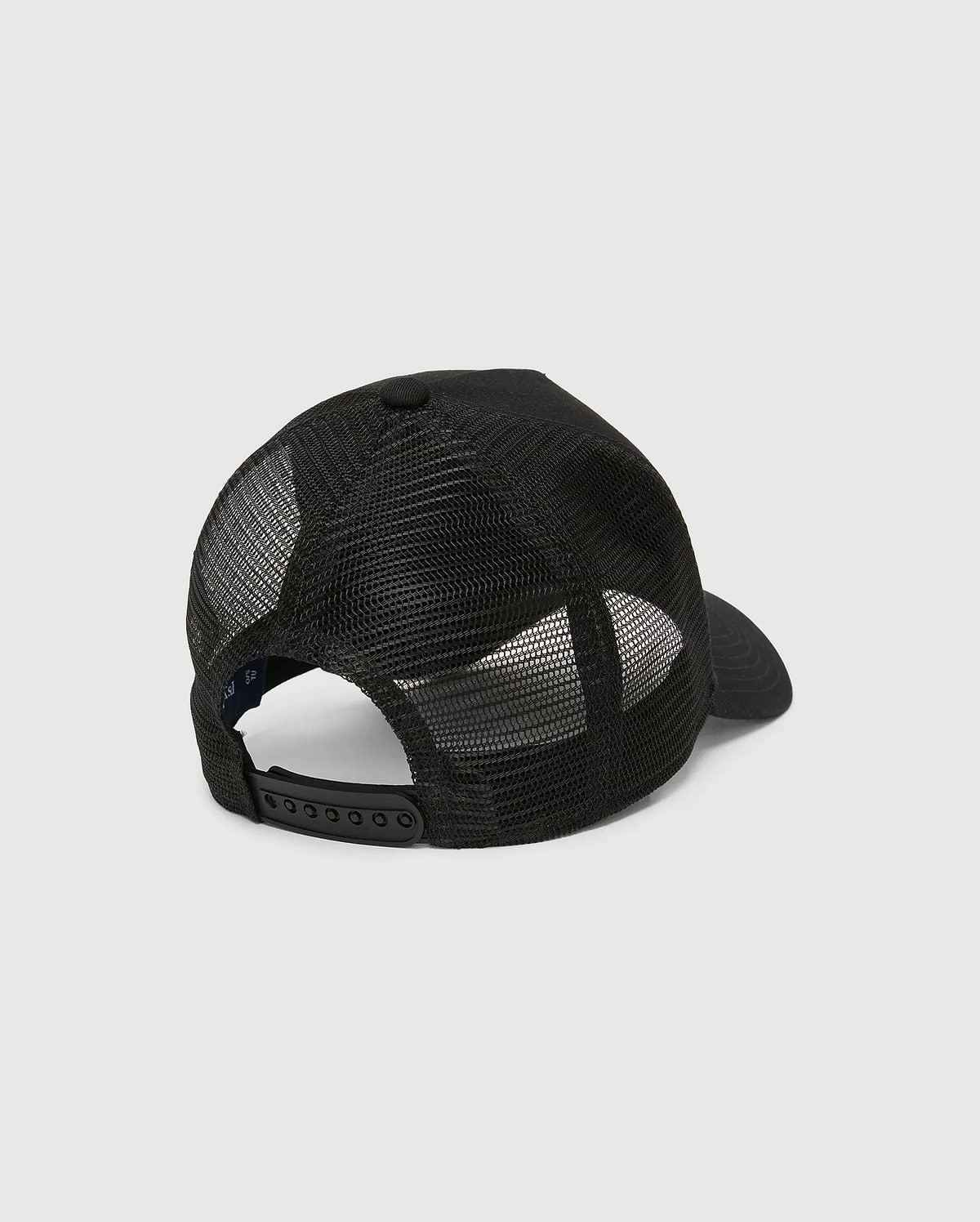 Mens Tobias Trucker Cap, black with breathable mesh back panels, solid front, and an adjustable snapback closure, featuring the iconic Psycho Bunny skull logo.