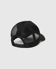 Mens Tobias Trucker Cap, black with breathable mesh back panels, solid front, and an adjustable snapback closure, featuring the iconic Psycho Bunny skull logo.