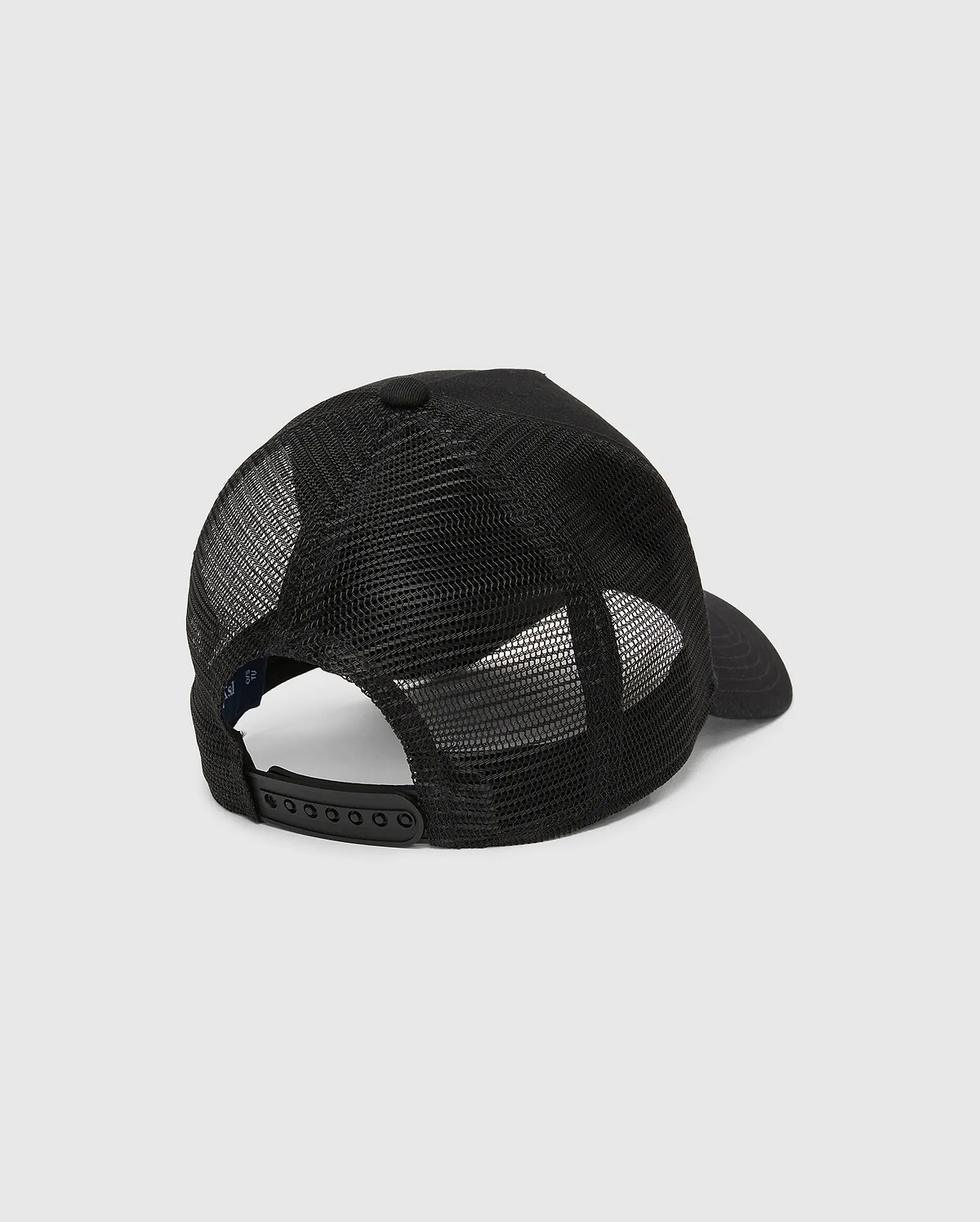 Mens Tobias Trucker Cap, black with breathable mesh back panels, solid front, and an adjustable snapback closure, featuring the iconic Psycho Bunny skull logo.