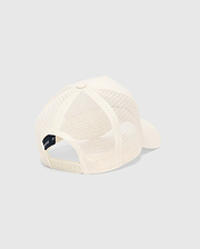 Mens Tobias Trucker Cap in cream, featuring a breathable mesh back, an adjustable snapback closure, and a small navy Psycho Bunny branding tag on the interior.