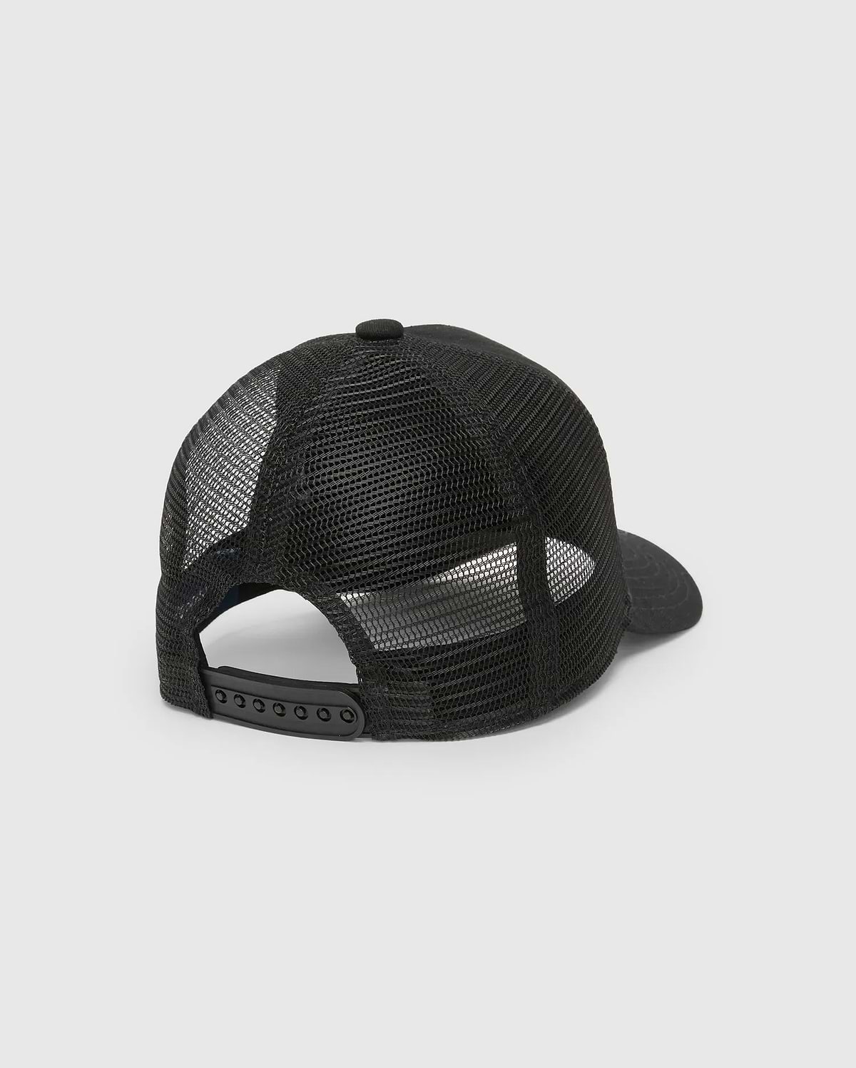 Psycho Bunny Mens Frank Trucker Cap in sleek black, featuring a breathable mesh back, solid front panel, and adjustable snapback closure for a comfortable, classic fit.
