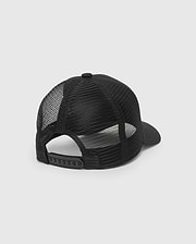 Psycho Bunny Mens Frank Trucker Cap in sleek black, featuring a breathable mesh back, solid front panel, and adjustable snapback closure for a comfortable, classic fit.