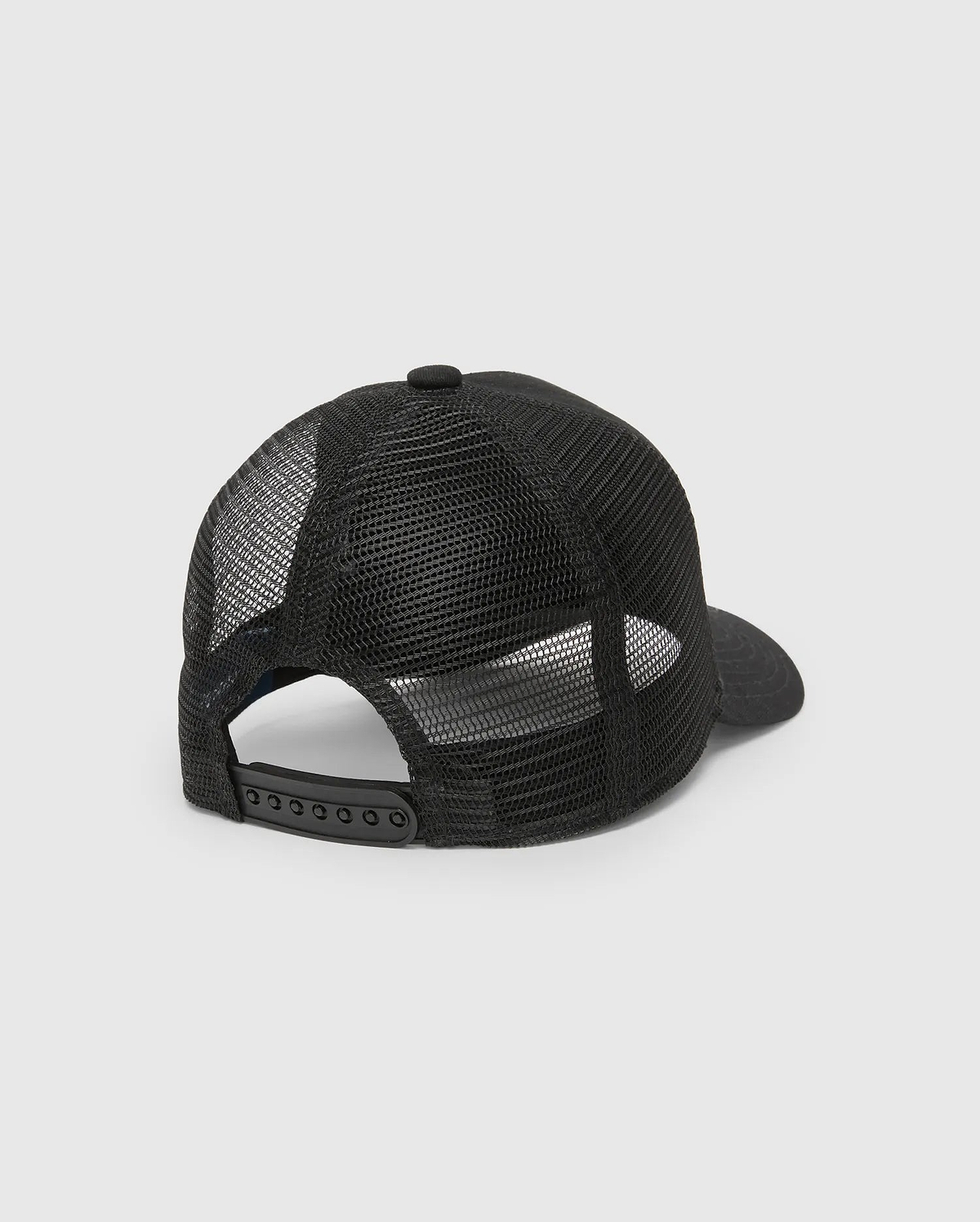 Psycho Bunny Mens Frank Trucker Cap in sleek black, featuring a breathable mesh back, solid front panel, and adjustable snapback closure for a comfortable, classic fit.