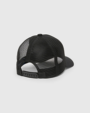Psycho Bunny Mens Frank Trucker Cap in sleek black, featuring a breathable mesh back, solid front panel, and adjustable snapback closure for a comfortable, classic fit.