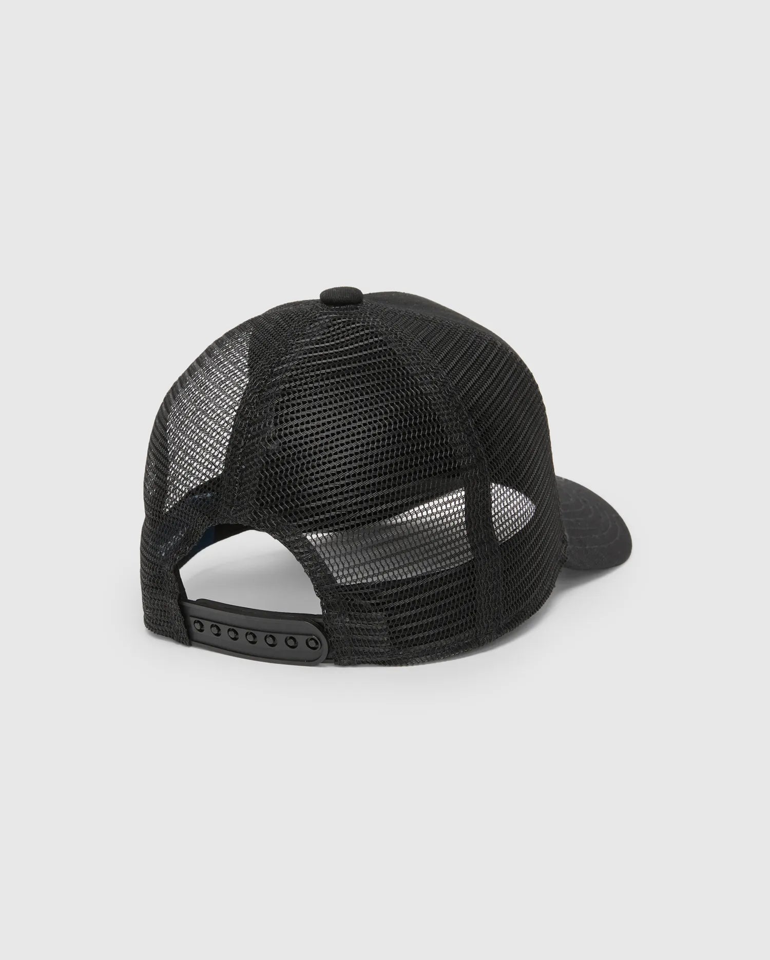 Psycho Bunny Mens Frank Trucker Cap in sleek black, featuring a breathable mesh back, solid front panel, and adjustable snapback closure for a comfortable, classic fit.