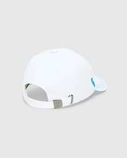 Mens Ray Baseball Cap, white smooth cotton twill with light blue embroidered PB initials on the side panel, concentric lines on the brim, and a metal buckle featuring the Psycho Bunny skull logo.