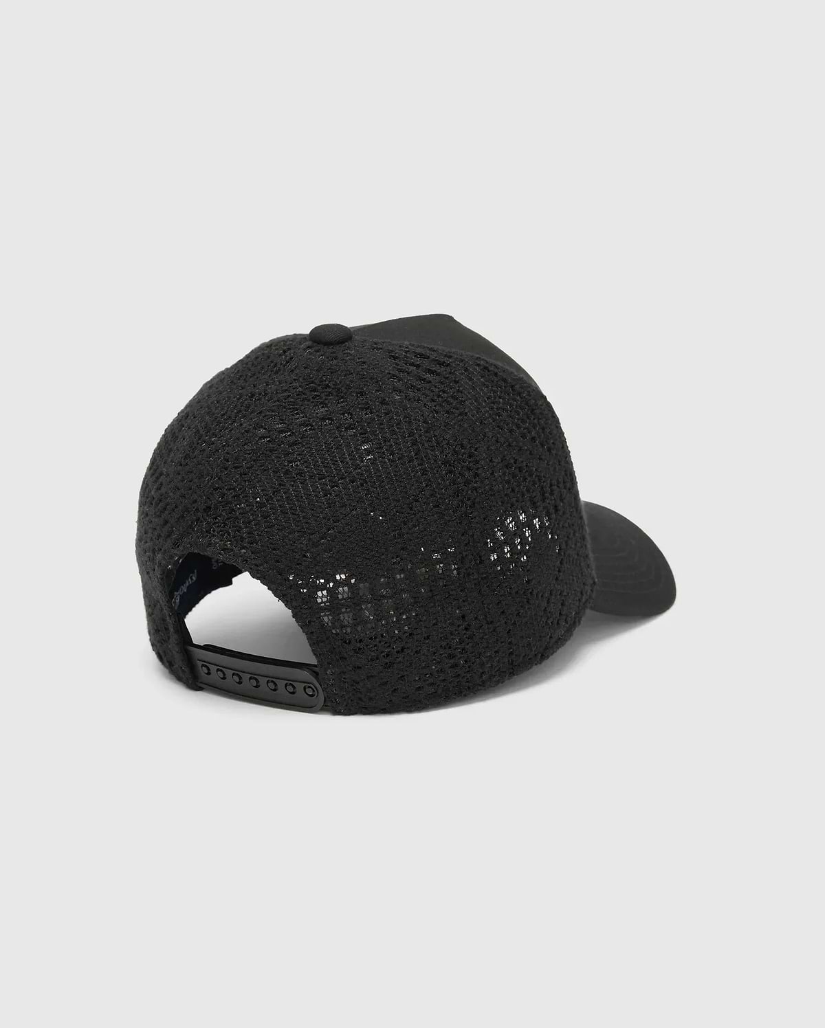 Mens Elijah Trucker Cap, a sleek black mesh-back cap with a solid front and brim, featuring an adjustable snapback closure for a comfortable, classic fit.