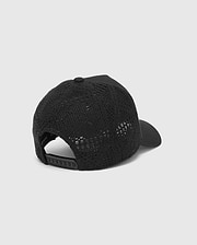 Mens Elijah Trucker Cap, a sleek black mesh-back cap with a solid front and brim, featuring an adjustable snapback closure for a comfortable, classic fit.