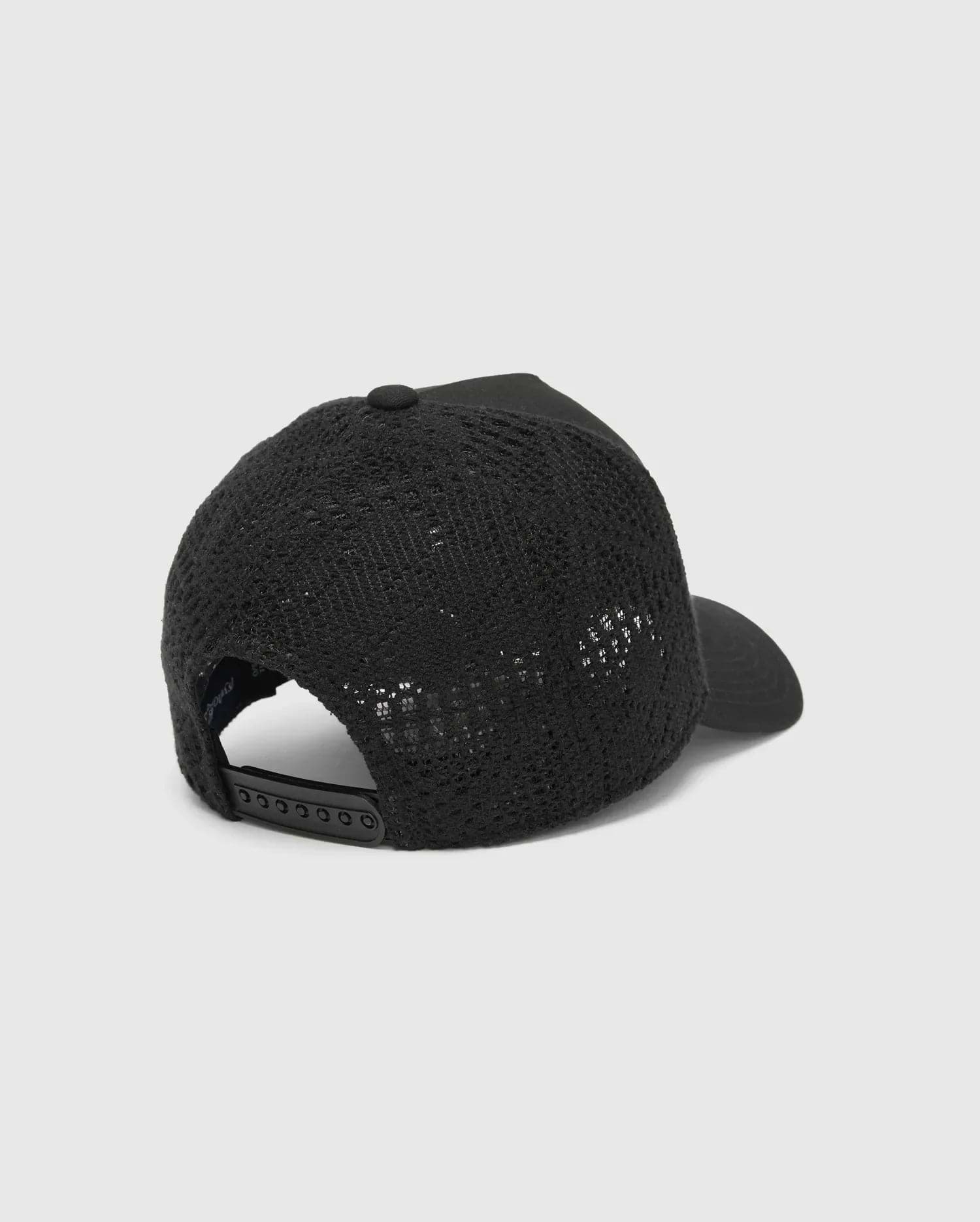 Mens Elijah Trucker Cap, a sleek black mesh-back cap with a solid front and brim, featuring an adjustable snapback closure for a comfortable, classic fit.