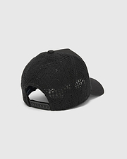 Mens Elijah Trucker Cap, a sleek black mesh-back cap with a solid front and brim, featuring an adjustable snapback closure for a comfortable, classic fit.