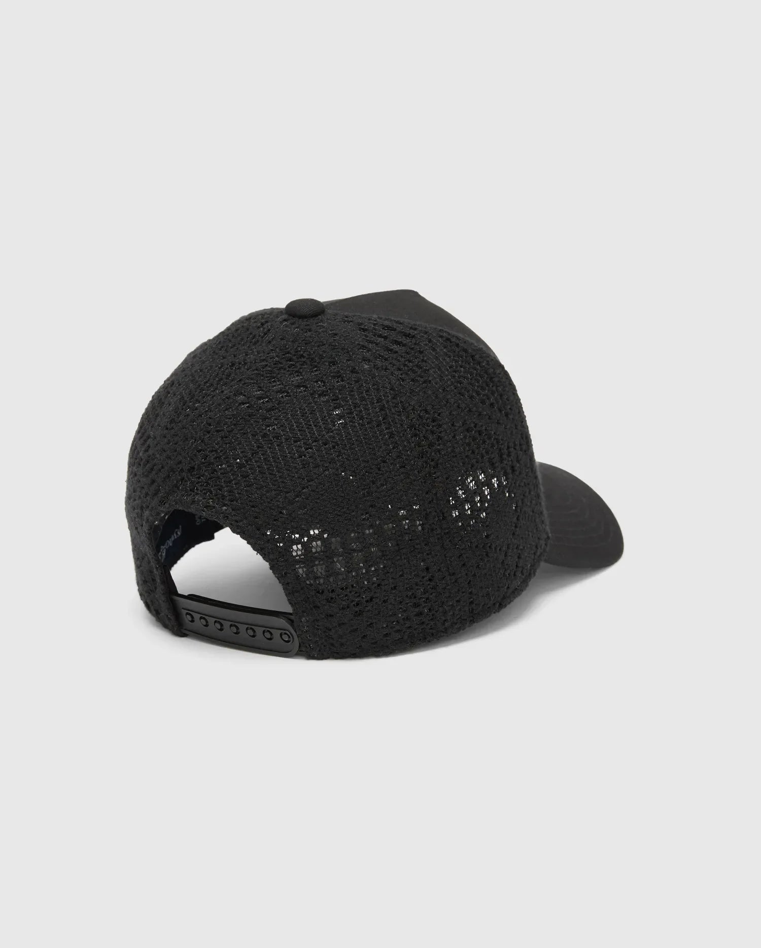 Mens Elijah Trucker Cap, a sleek black mesh-back cap with a solid front and brim, featuring an adjustable snapback closure for a comfortable, classic fit.