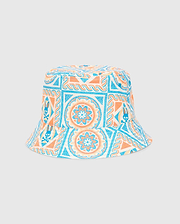 Mens Frank Reversible Bucket Hat featuring a vibrant white, blue, and orange mosaic pattern with repeated Psycho Bunny skull logos integrated throughout the design.