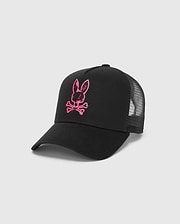 Black Mens Duncan Wordmark Trucker Cap featuring a prominent hot pink embroidered Psycho Bunny skull logo on the twill front panel and breathable mesh back.