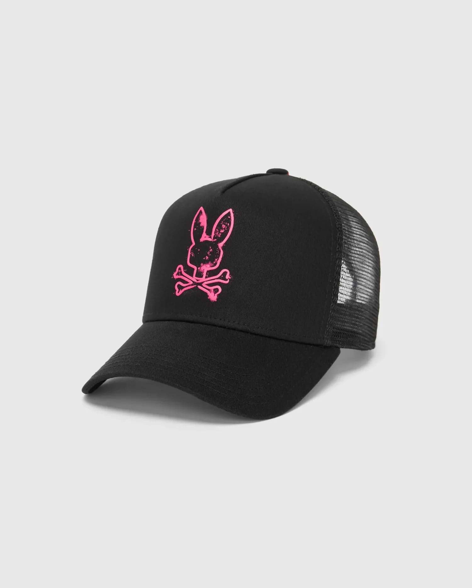 Black Mens Duncan Wordmark Trucker Cap featuring a prominent hot pink embroidered Psycho Bunny skull logo on the twill front panel and breathable mesh back.
