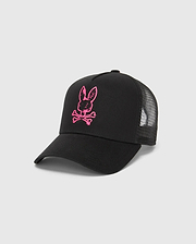 Black Mens Duncan Wordmark Trucker Cap featuring a prominent hot pink embroidered Psycho Bunny skull logo on the twill front panel and breathable mesh back.
