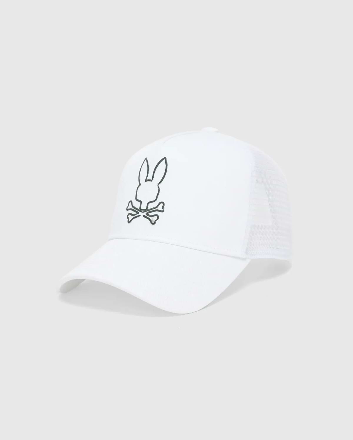 White Mens Duncan Wordmark Trucker Cap featuring a cotton twill front and breathable mesh back. A large, embroidered dark grey Psycho Bunny skull logo is centered on the front panel.