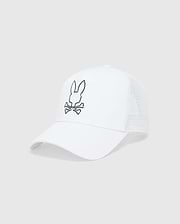 White Mens Duncan Wordmark Trucker Cap featuring a cotton twill front and breathable mesh back. A large, embroidered dark grey Psycho Bunny skull logo is centered on the front panel.