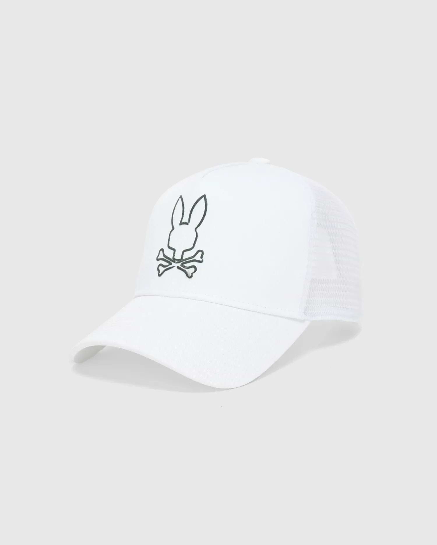 White Mens Duncan Wordmark Trucker Cap featuring a cotton twill front and breathable mesh back. A large, embroidered dark grey Psycho Bunny skull logo is centered on the front panel.