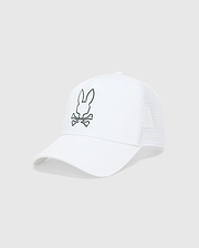 White Mens Duncan Wordmark Trucker Cap featuring a cotton twill front and breathable mesh back. A large, embroidered dark grey Psycho Bunny skull logo is centered on the front panel.