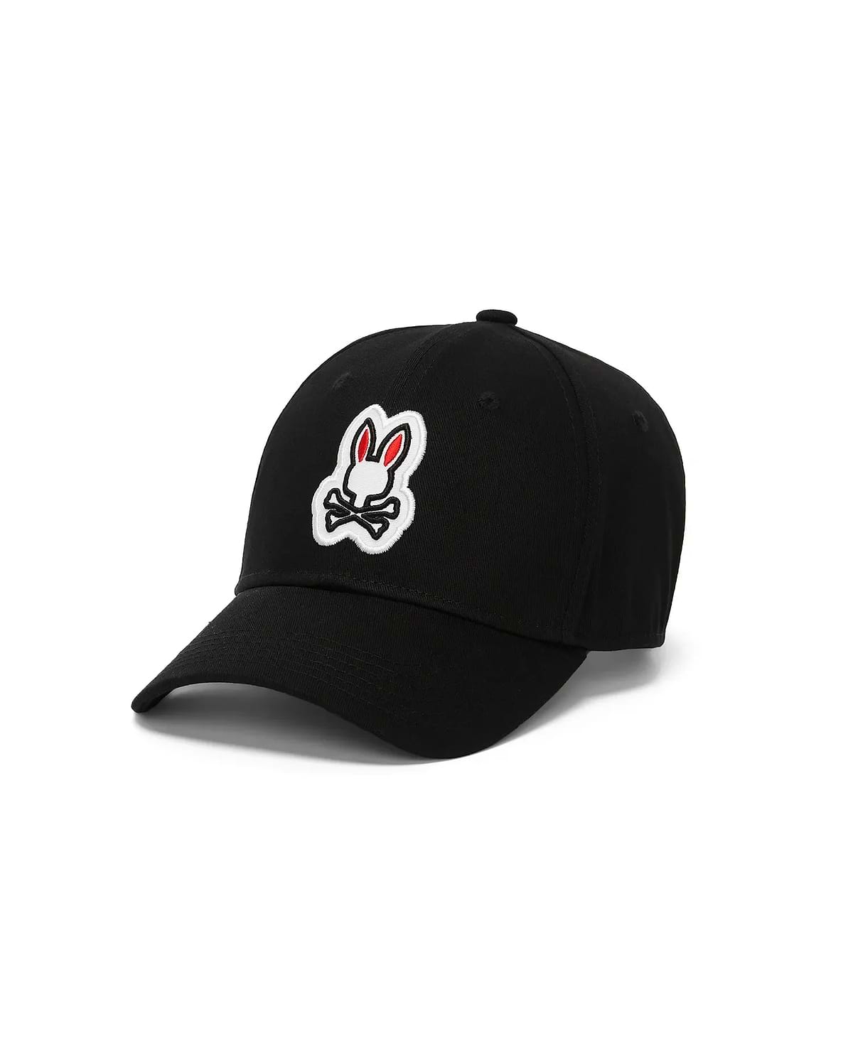 Mens Jaydon Baseball Cap, a black classic twill cap featuring the iconic, prominently embroidered white and red Psycho Bunny skull logo centered on the front panel. (2)