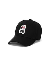Mens Jaydon Baseball Cap, a black classic twill cap featuring the iconic, prominently embroidered white and red Psycho Bunny skull logo centered on the front panel. (2)