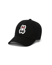 Mens Jaydon Baseball Cap, a black classic twill cap featuring the iconic, prominently embroidered white and red Psycho Bunny skull logo centered on the front panel. (2)