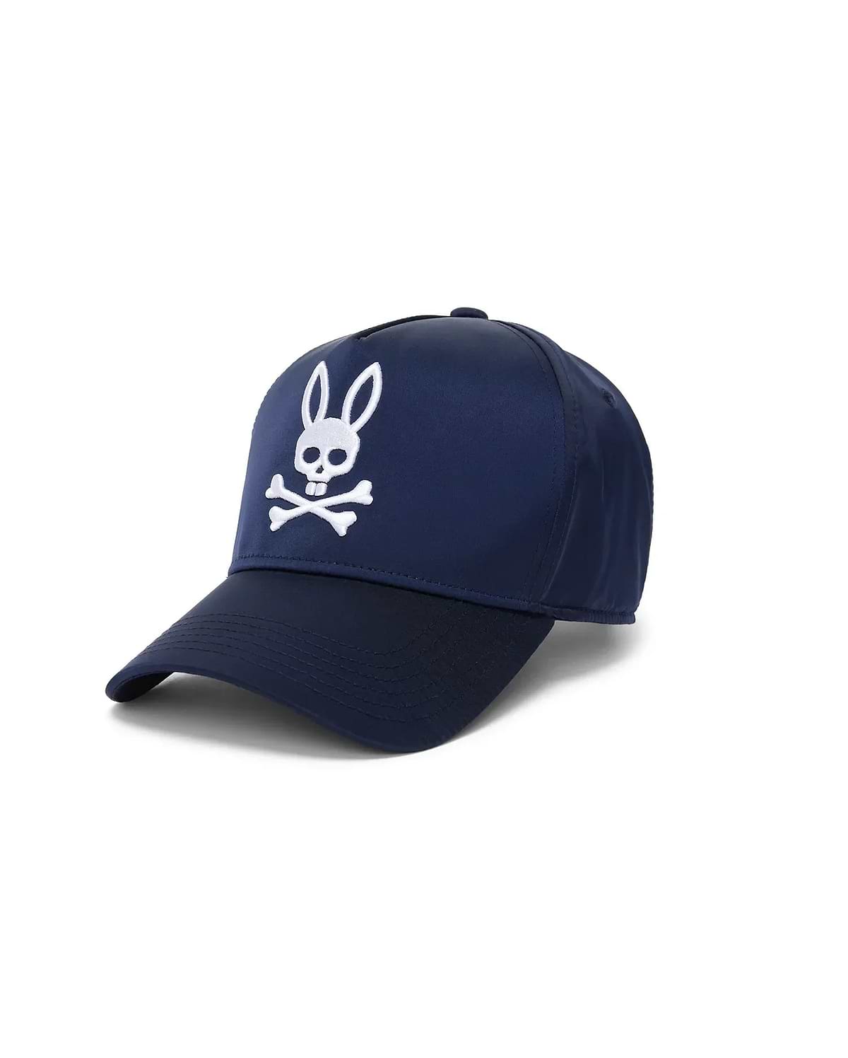 Navy Mens Finnley A-Frame Trucker Cap featuring a prominent white embroidered Psycho Bunny skull logo on the front, crafted from smooth, structured fabric. (2)