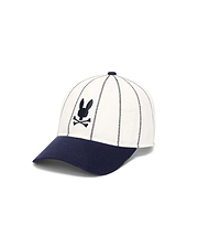 Mens Nathaniel Soft Baseball Cap featuring a cream crown with vertical navy dash stitching, a navy brim, and a front-center embroidered navy Psycho Bunny skull logo.