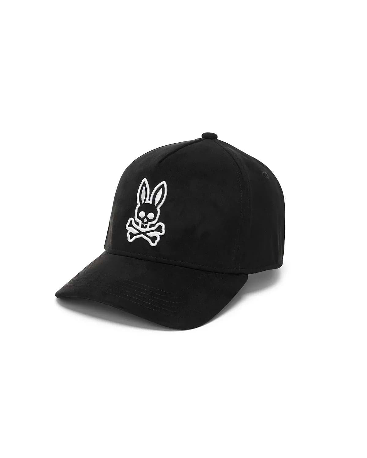 Mens Kenneth A-Frame Trucker Cap in black, featuring a prominent white embroidered Psycho Bunny skull logo on the front, crafted from smooth, durable fabric.